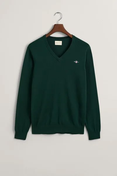 Классический хлопковый свитер с V-образным вырезом Gant, темно-зеленый