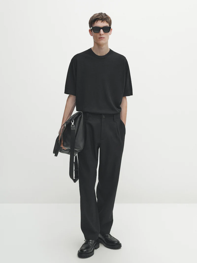 Футболка с короткими рукавами из смесовой шерсти Massimo Dutti, черный