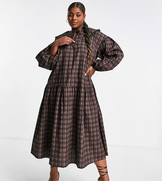 Свободное платье макси в клетку с воротником ASOS DESIGN Curve-Разноцветный