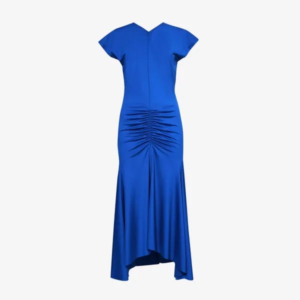 Платье миди из эластичного джерси с v-образным вырезом и сборками Victoria Beckham, синий