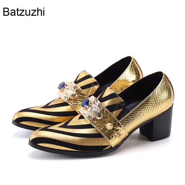 Batzuzhi модные мужские туфли на высоком каблуке 7,5 см, слипоны, золотистые/серые кожаные классические туфли для мужчин, для вечеринки и свадьбы,...