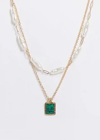 Золотистое многоярусное ожерелье-чокер с зеленым камнем и искусственным жемчугом Topshop-Зеленый цвет