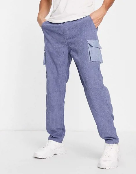 Вельветовые брюки карго голубого цвета с эффектом кислотной стирки от комплекта Liquor N Poker-Голубой