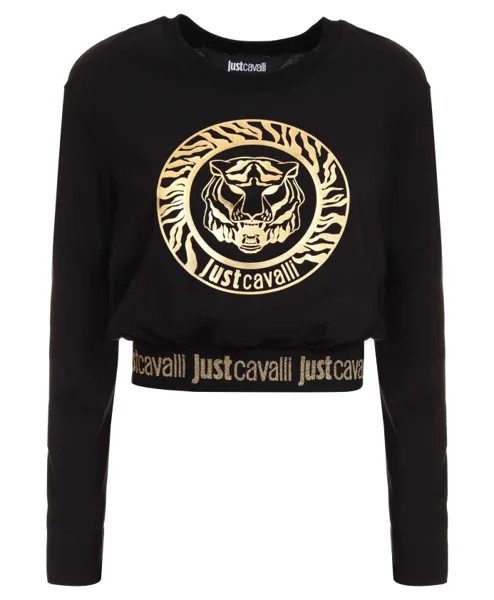 Хлопковый укороченный топ с длинными рукавами и принтом логотипа Roberto Cavalli, черный