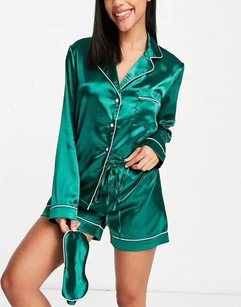 Атласный комплект для сна из 3 предметов изумрудно-зеленого цвета с шортами In The Style x Lorna Luxe-Зеленый цвет