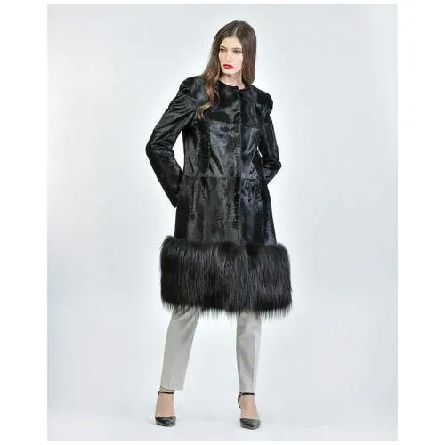 Пальто , каракуль, силуэт прямой, карманы, размер 44, черный