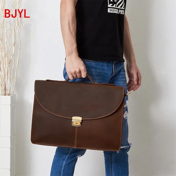 Деловая винтажная кожаная мужская сумка с замком, портфель для ноутбука 15,6 дюйма, дорожная однотонная сумка для компьютера
