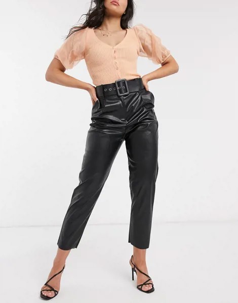 Черные брюки из искусственной кожи с завышенной талией и поясом Style Cheat-Черный