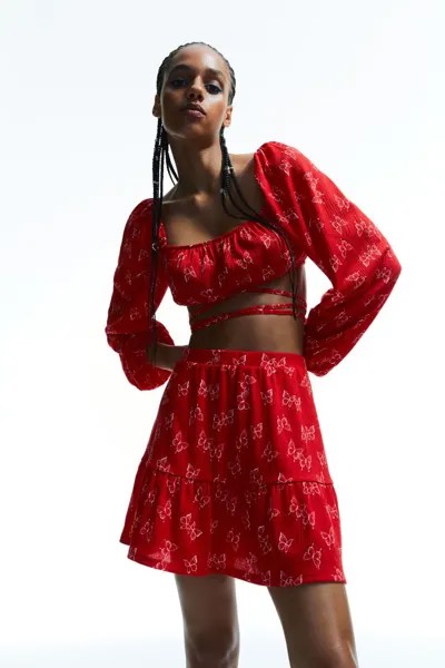 Блузка из крепа с завязками H&M, красный/бабочки