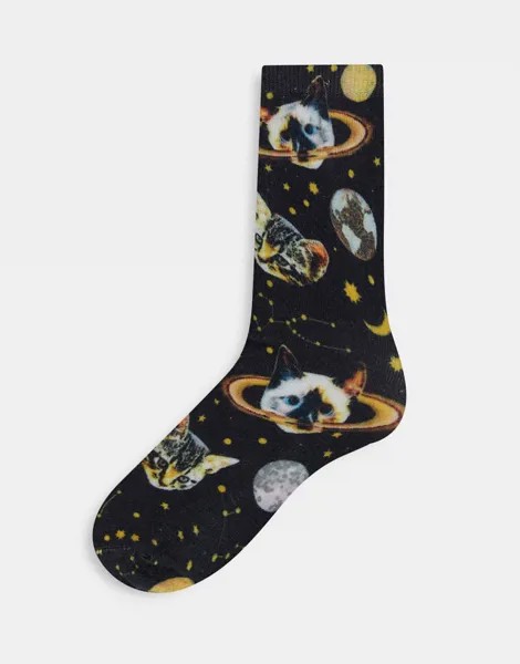 Черные носки с принтом планет и котов Sassa от Monki-Черный