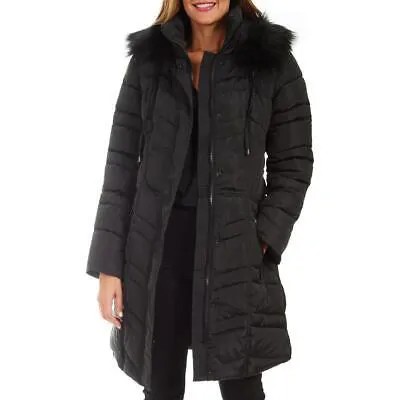 Женское стеганое зимнее пуховое пальто средней длины с отделкой из искусственного меха и капюшоном Kensie