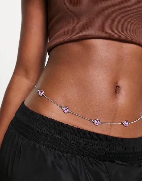 Серебристая цепочка на талию с розовыми сердечками ASOS DESIGN-Серебристый