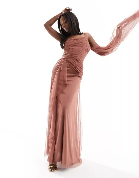 Розово-коричневое платье миди из тюля Lace & Beads асимметричного кроя