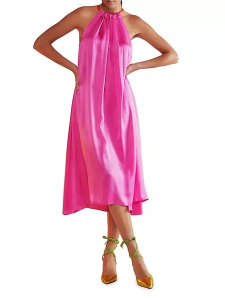 Шелковое платье-миди с бретелькой на шее Cynthia Rowley, ярко-розовый