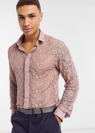 Розовая кружевная приталенная рубашка Twisted Tailor-Розовый цвет