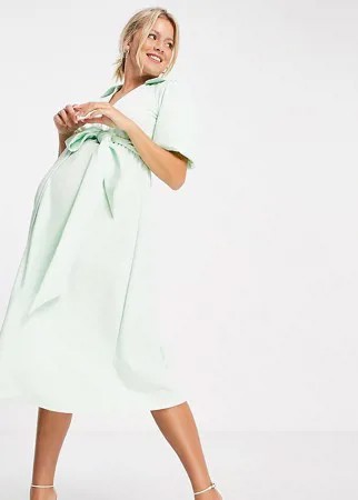 Платье-рубашка миди мятного цвета с запахом и поясом ASOS DESIGN Maternity-Зеленый цвет