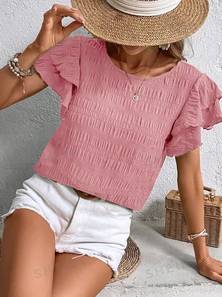 SHEIN LUNE Женская блузка с круглым вырезом и оборками на рукавах, пыльный розовый
