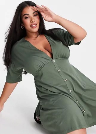 Чайное платье цвета хаки на роговых пуговицах ASOS DESIGN Curve-Зеленый цвет