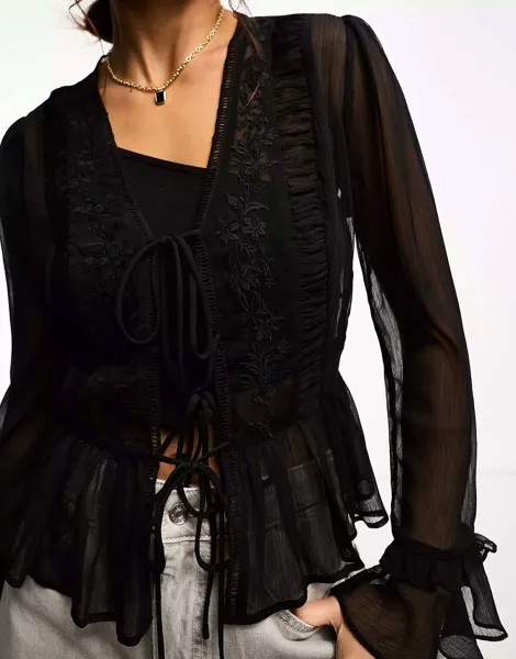 Черная шифоновая блузка с завязками спереди Miss Selfridge