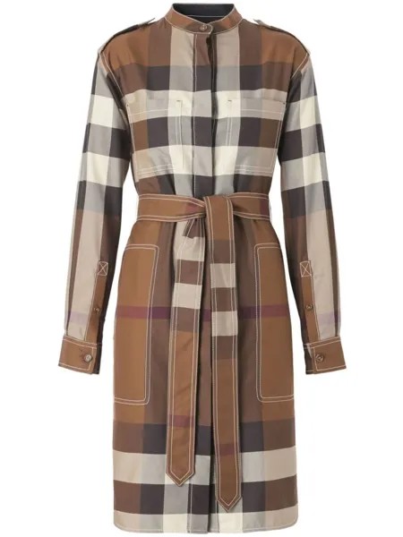 Burberry клетчатое платье-рубашка с поясом, коричневый