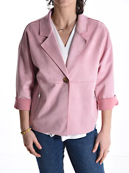 Замшевый пиджак на пуговицах без подкладки с карманами, розовый