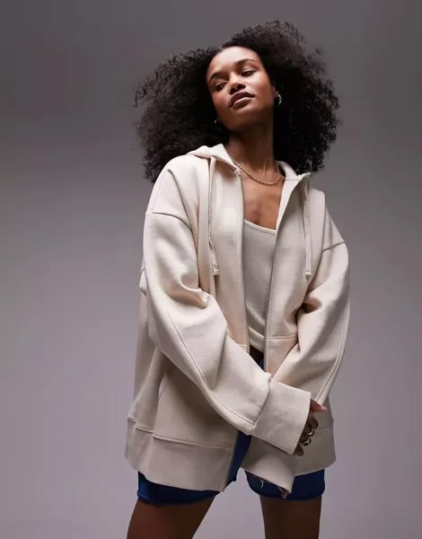 Куртка Topshop с капюшоном из высококачественного материала цвета камня и застежкой-молнией по всей длине