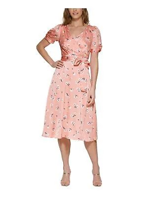 DKNY Womens Coral Tie Belt Twist Cuffs Short Sleeve Midi Fit + Flare Dress 6