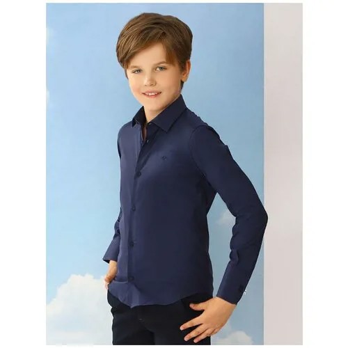 Школьная рубашка Noble People, полуприлегающий силуэт, длинный рукав, однотонная, размер 146, синий