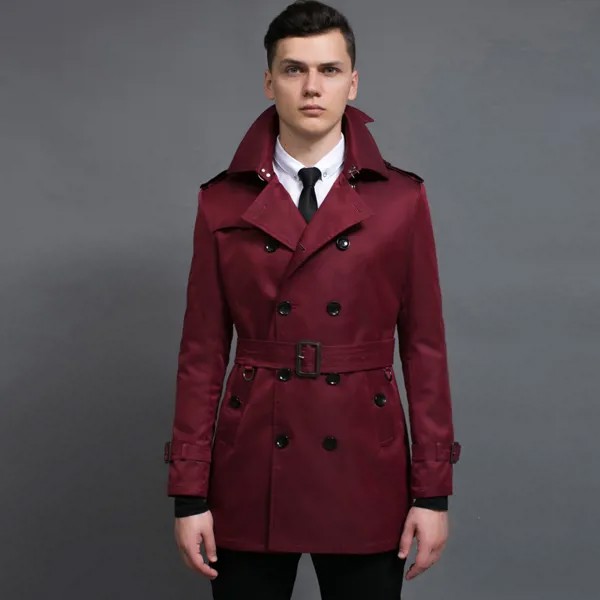 Роскошное двубортное пальто в английском стиле, однотонные мужские куртки, модный винно-красный длинный мужской Тренч