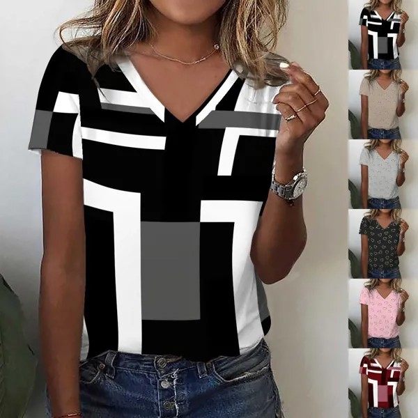 Летняя новая мода женская футболка с коротким рукавом с V-образным вырезом и коротким рукавом S-2XL S-2XL