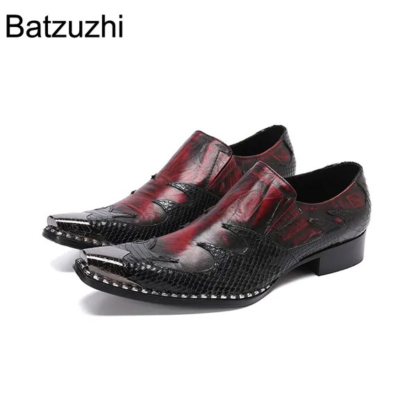 Batzuzhi итальянский Стиль модные мужские туфли из натуральной кожи с остроконечный металлический носок красные бордовые официальная Обувь в ...