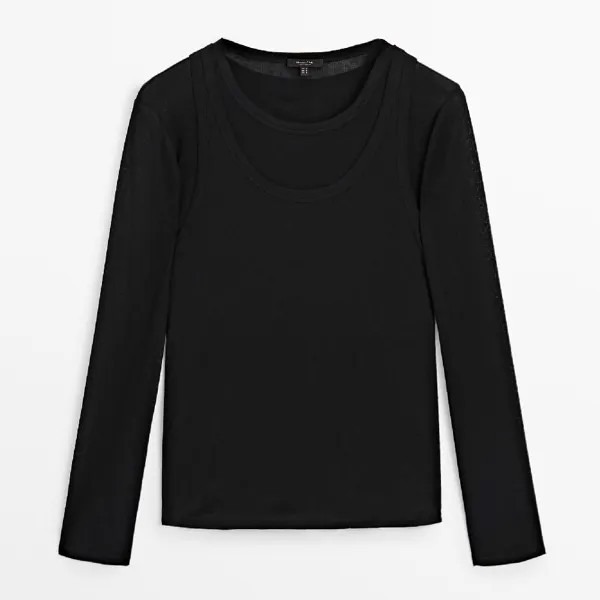 Лонгслив Massimo Dutti Ribbed Long Sleeve Double, черный