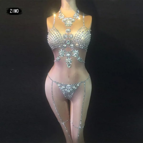 Телесный женский комбинезон с кристаллами сетчатый модный танцевальный наряд для сцены боди для дня рождения ночного клуба выпускного вечера женские сценические комбинезоны боди с длинным рукавом сексуальные костюмы