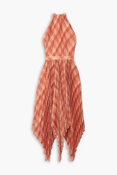 Платье миди Dahlia из плиссе-крепдешина в клетку асимметричного кроя с воротником-халтурой Altuzarra, персик