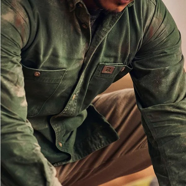 Мужская тактическая рубашка-карго Pocketvintage Wash Print Long Sleeve Button Down Work Shirt Jacket Army Green
