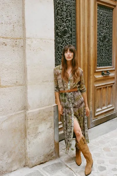 Платье с принтом металлической нитью и поясом ZARA, разноцветный