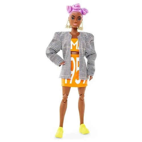 Кукла Mattel Barbie Темнокожая в оранжевом платье и сером пи