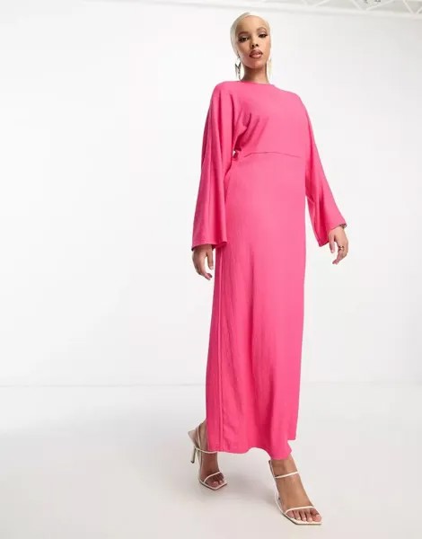 Розовое платье макси из рубчатого джерси с рукавами 
