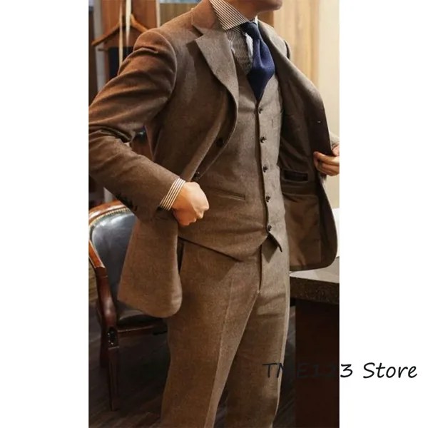 Новый мужской шерстяной костюм в елочку 3 предмета ретро однобортный деловой Блейзер свадебный смокинг для жениха (пиджак + жилет + брюки)