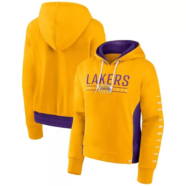 Женский золотой пуловер с капюшоном Fanatics Los Angeles Lakers Iconic в перерыве между таймами и цветными блоками Fanatics