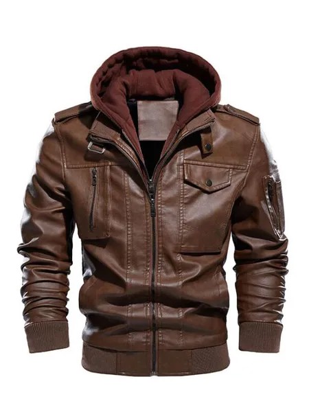 Milanoo Men\'s Leather Jackets Color Block Zipper Thicken Windbreaker Fashion Layered Coffee Brown