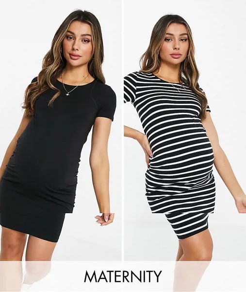 Набор из 2 трикотажных платьев-футболок черного цвета и в полоску New Look Maternity-Многоцветный