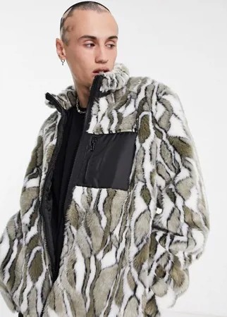Куртка из искусственного меха с контрастным карманом и звериным принтом ASOS DESIGN-Черный цвет