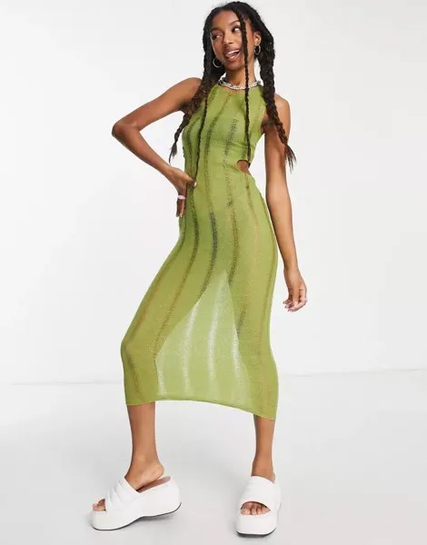 COLLUSION – Трикотажное платье миди зеленого цвета с бретелями и декоративными вырезами