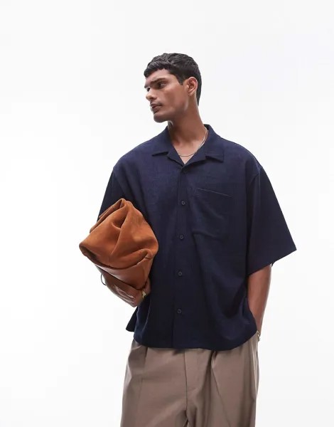 Рубашка-поло Topman Boxy Button-Down Textured Jersey, темно-синий