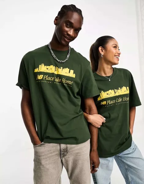 Оверсайз-футболка унисекс темно-зеленого и горчичного цвета New Balance NB Place Like Homeдля ASOS