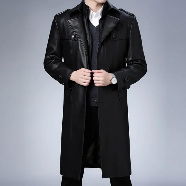 НОВЫЙ Тренч для мужчин, длинные кожаные пальто, флисовый теплый модный Тренч из искусственной кожи, верхняя одежда, однотонный отложной воротник, высокое качество, повседневное пальто для мужчин