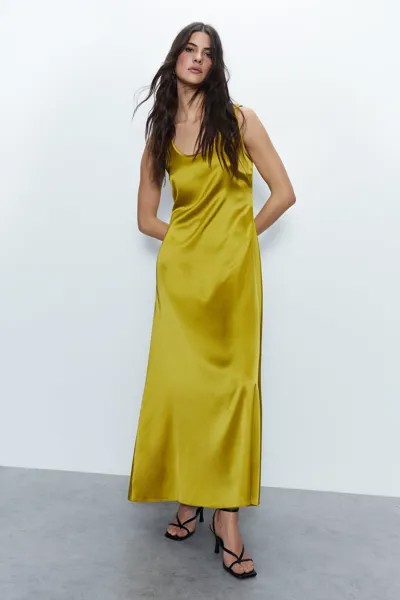 Атласное платье-комбинация миди с круглым вырезом Warehouse, желтый