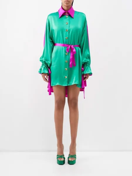 Двухцветное мини-платье из шелкового атласа Halpern, зеленый