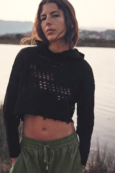 Укороченное трикотажное трикотажное худи ZARA, черный